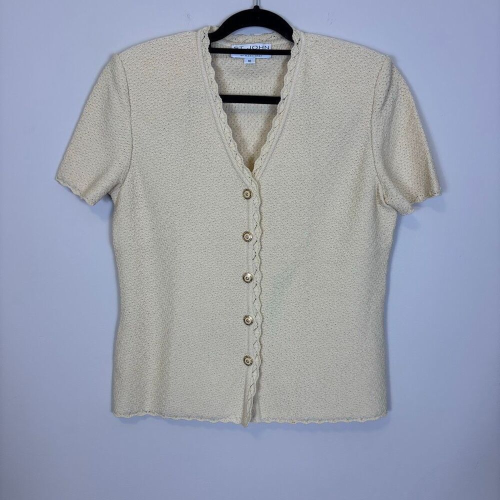 St. John Ivory Textured Ruffle Detail Button Front Short Sleeve Top Size 10